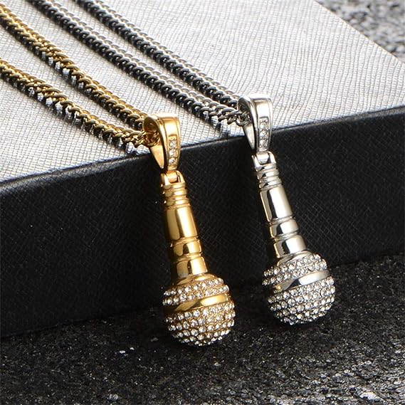 PENDANTS  Stainless Steel Hip Hop Diamond CZ Microphone Pendant Charm - Boulevard Souvenirs