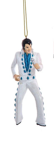 Ornament Elvis with Mic White Jumpsuit Blue Glitter