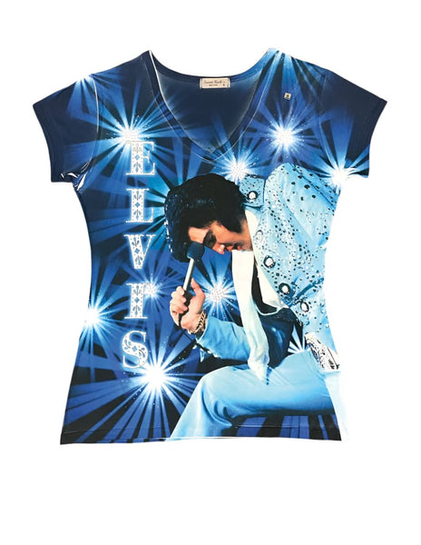 T-SHIRT ELVIS KING BLUE RHINESTONES