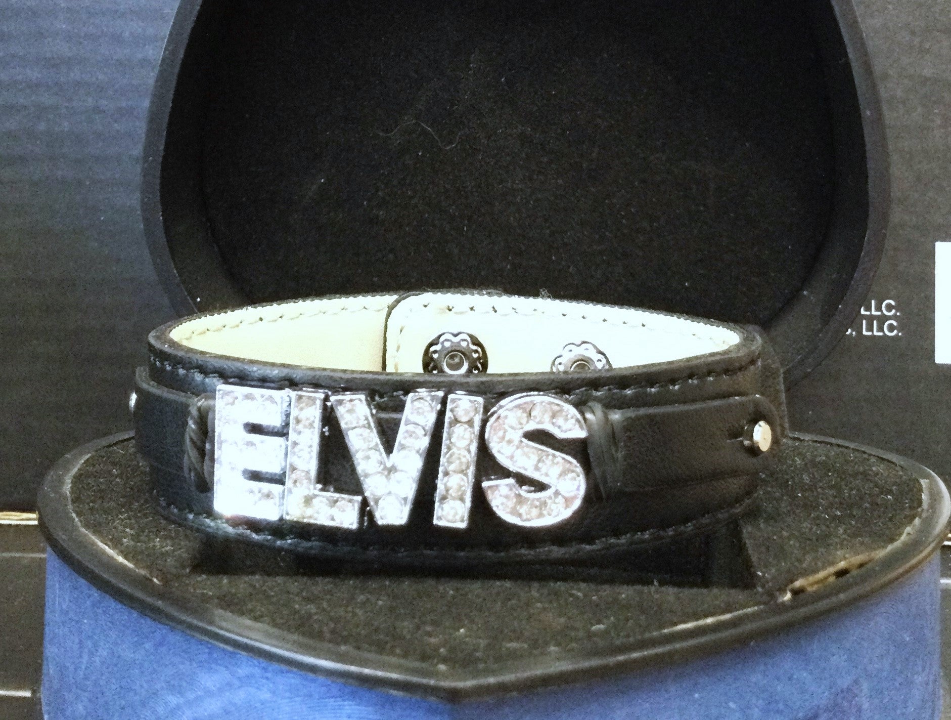 Bracelet with Elvis or TCB in rhinestone letters faux leather cuff