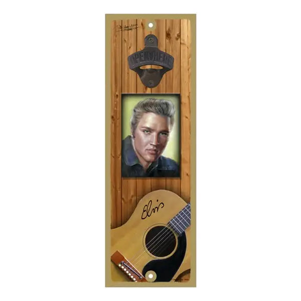 BOTTLE OPENER Elvis' Portrait Guitar On Bottom Bottle Opener Wood Plaque