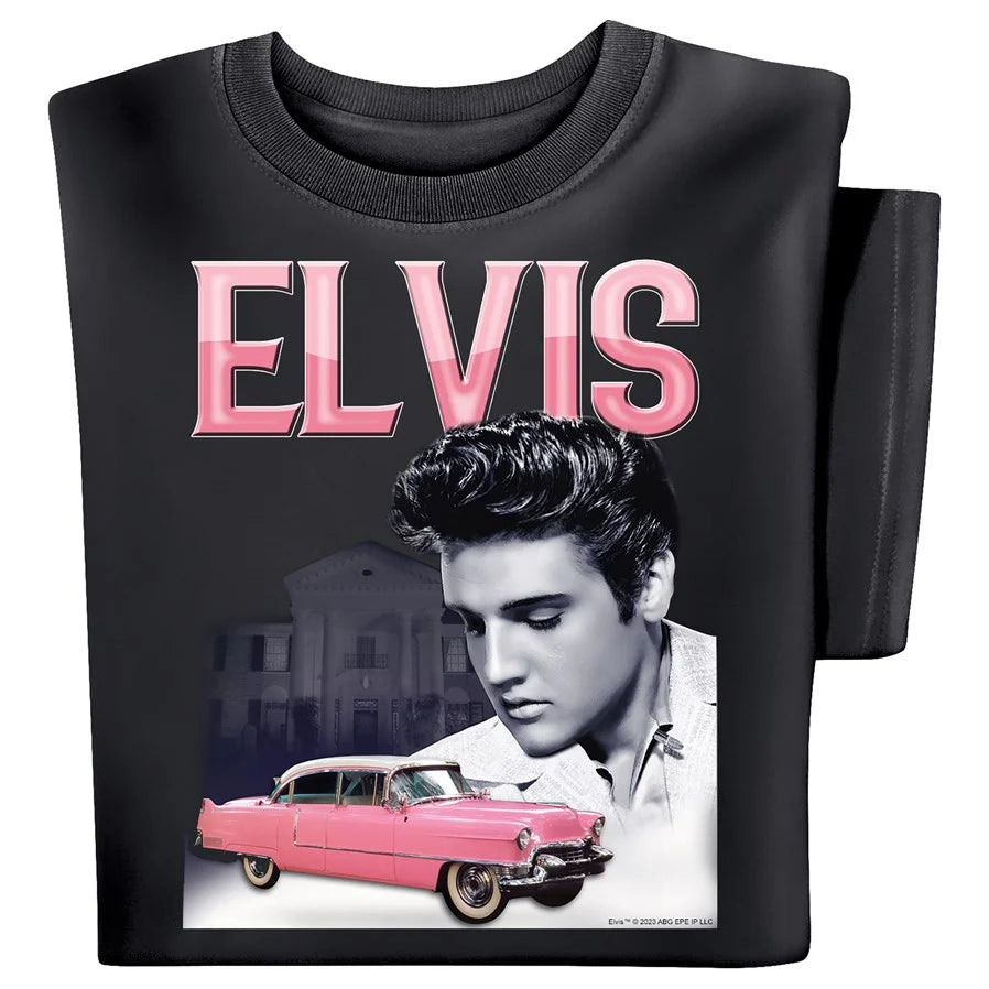 T-SHIRT  ELVIS PINK CADDY LOOKING DOWN TO GRACELAND