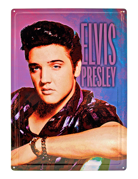 Metal Sign ELVIS PRELSEY STRIPE SHIRT PURPLE/PINK BACKGROUND