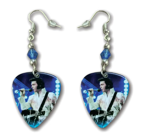 Earrings Elvis Guitar Pick - Blue With White Jump Suit