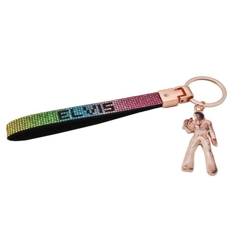 Key Chain - Elvis  Wristlet w/ Rhinestones Rainbow