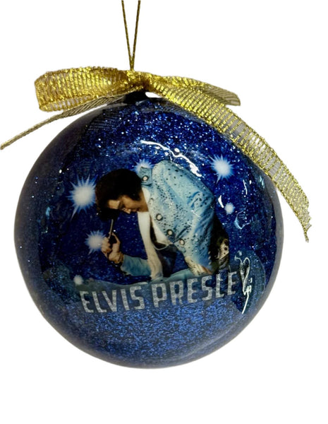 Ornament Elvis The King Round Blue Glitter