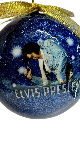 Ornament Elvis The King Round Blue Glitter