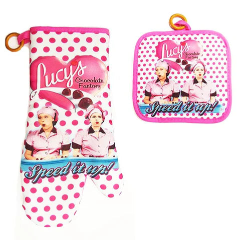 Pot Holder Oven Mitt LUCY  Set Chocolate Factory Polka Dots