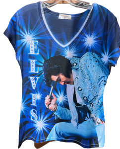 T-Shirt Elvis The King Rhinestone Blue Ladies