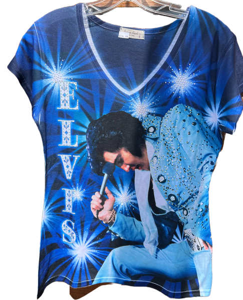 T-SHIRT ELVIS KING BLUE RHINESTONES