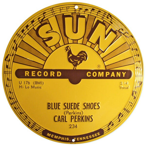 Tin Sign Sun Records Carl Perkins "Blue Suede Shoes" Round